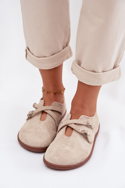 Leather Suede Women's Loafers With Straps Zazoo N1271 Light Beige