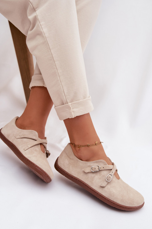 Leather Suede Women's Loafers With Straps Zazoo N1271 Light Beige