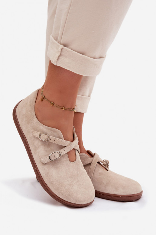 Leather Suede Women's Loafers With Straps Zazoo N1271 Light Beige