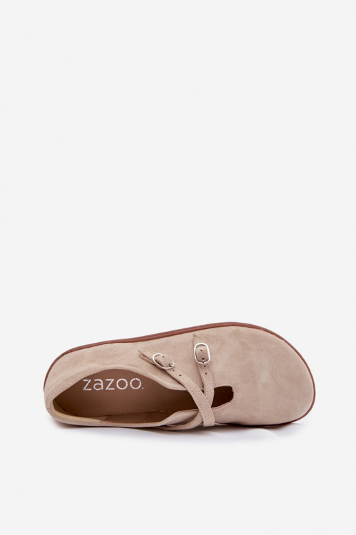 Leather Suede Women's Loafers With Straps Zazoo N1271 Light Beige