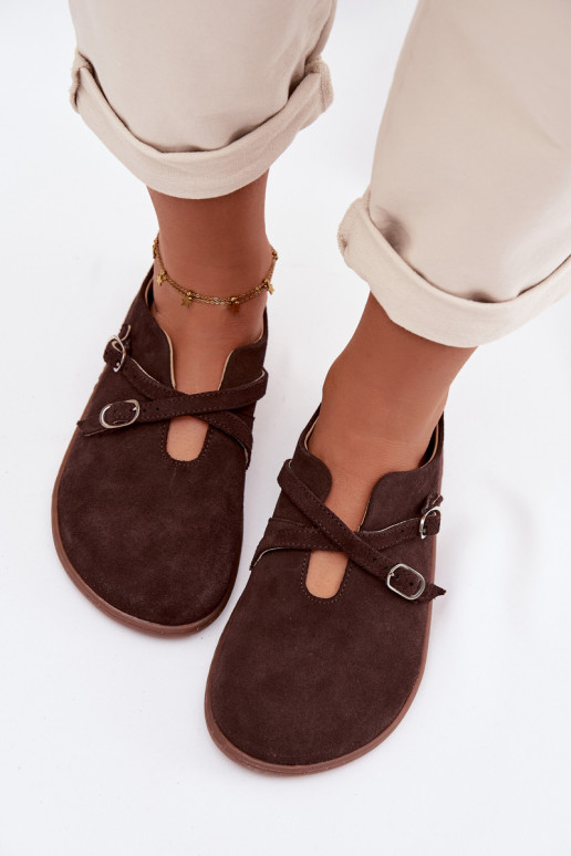 Skórzane Zamszowe Półbuty Barefoot DamskiewithPaskami Zazoo N1271 Czekoladowe