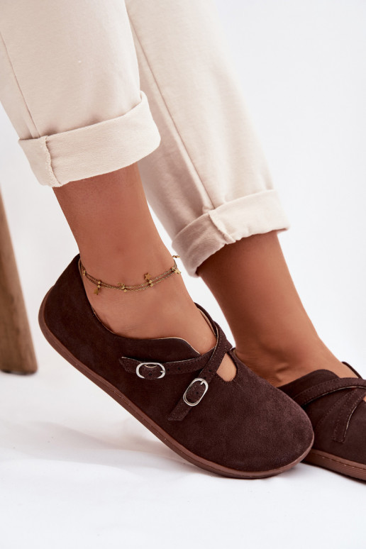 Leather Suede Women's Loafers With Straps Zazoo N1271 Chocolate