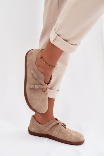 Leather Suede Barefoot Women's Loafers With Straps Zazoo N1271 Beige