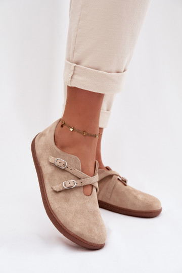 Leather Suede Barefoot Women's Loafers With Straps Zazoo N1271 Beige 2