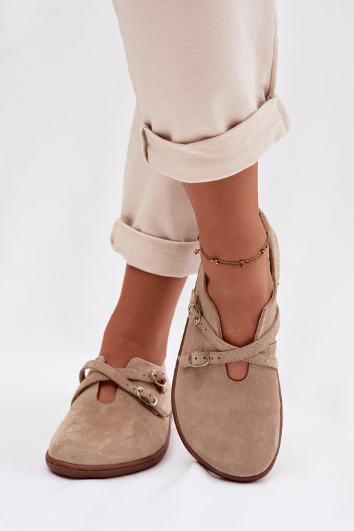 Leather Suede Barefoot Women's Loafers With Straps Zazoo N1271 Beige