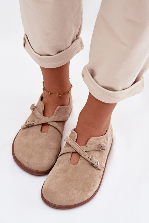 Skórzane Zamszowe Półbuty Barefoot DamskiewithPaskami Zazoo N1271 Beżowe