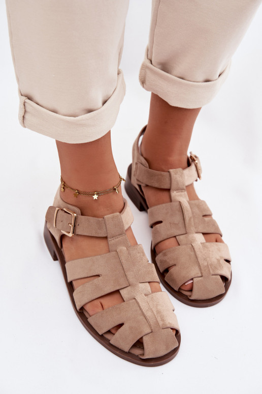 Women's Roman Sandals With Gold Buckle Beige Janessa