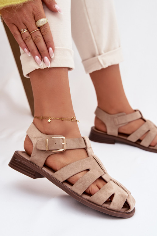 Women's Roman Sandals With Gold Buckle Beige Janessa