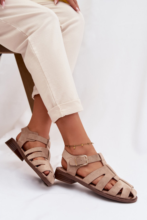 Women's Roman Sandals With Gold Buckle Beige Janessa