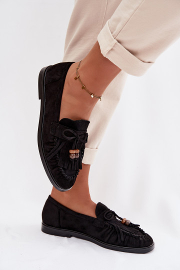 Women's Moccasins With Fringes And Beads Black Teressa