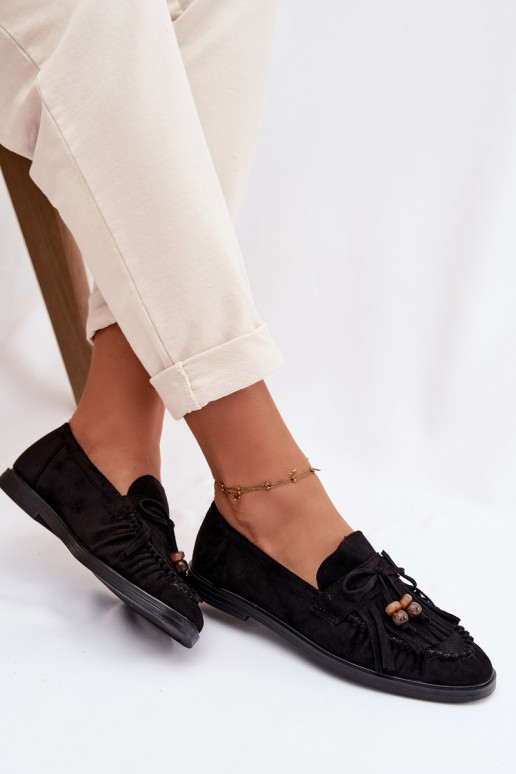 Women's Moccasins With Fringes And Beads Black Teressa