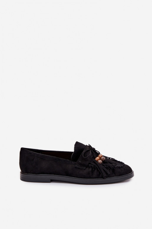 Women's Moccasins With Fringes And Beads Black Teressa