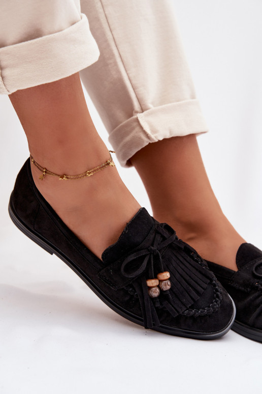 Mokasyny DamskiewithFrędzlami I Koralikami Czarne Teressa