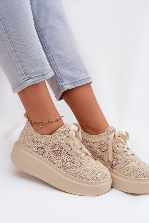 Szydełkowe Tenisówki Damskie Na Platformie Beżowe Evalora