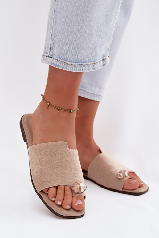Women's Flat Decorative Detail Eco Suede Beige Slides Selavine