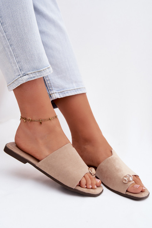 Women's Flat Decorative Detail Eco Suede Beige Slides Selavine