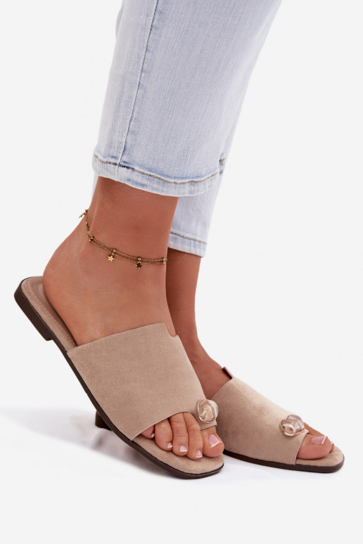 Women's Flat Decorative Detail Eco Suede Beige Slides Selavine