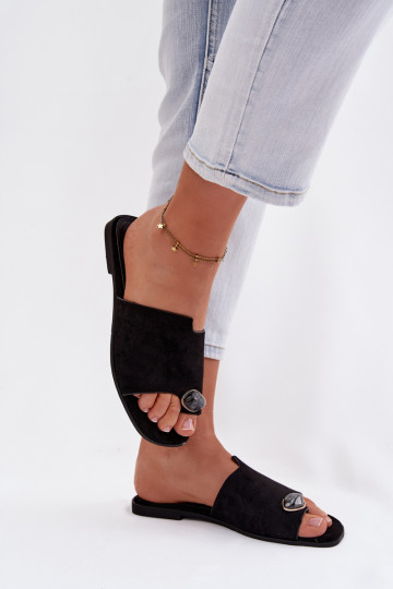 Women's Flat Decorated Eco Suede Black Slides Selavine