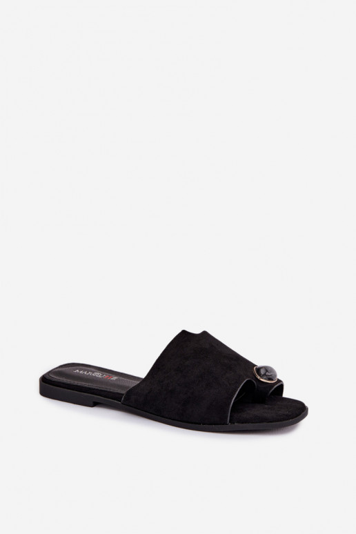 Women's Flat Decorated Eco Suede Black Slides Selavine