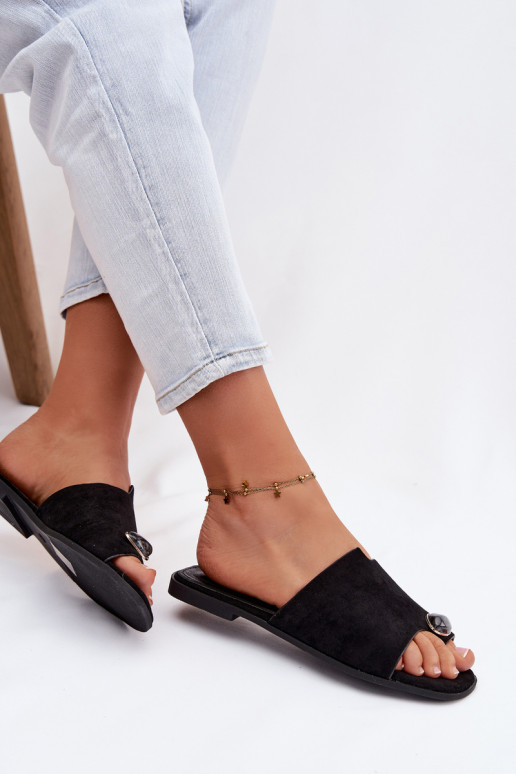 Women's Flat Decorated Eco Suede Black Slides Selavine