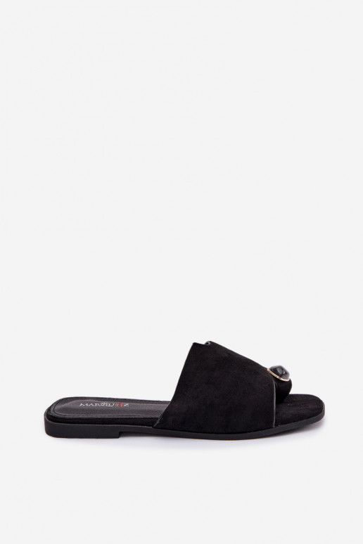 Women's Flat Decorated Eco Suede Black Slides Selavine