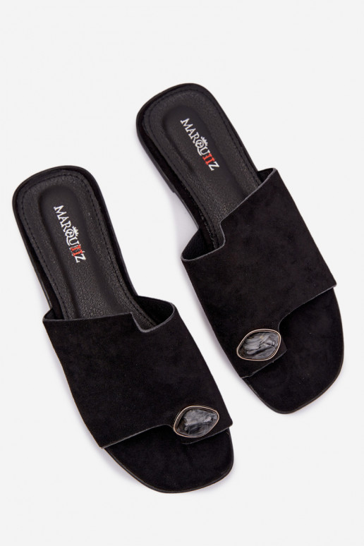 Women's Flat Decorated Eco Suede Black Slides Selavine
