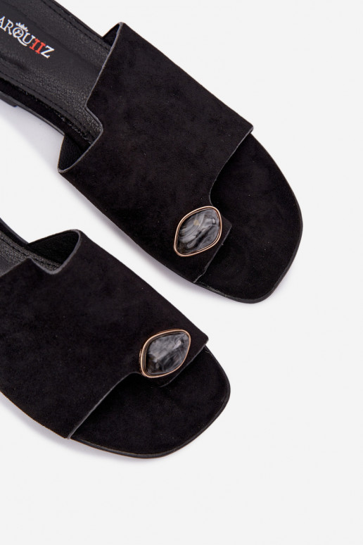 Women's Flat Decorated Eco Suede Black Slides Selavine