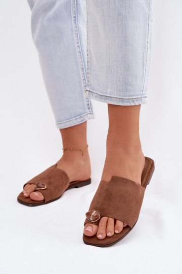 Women's Flat Decorated Eco Suede Brown Slides Selavine