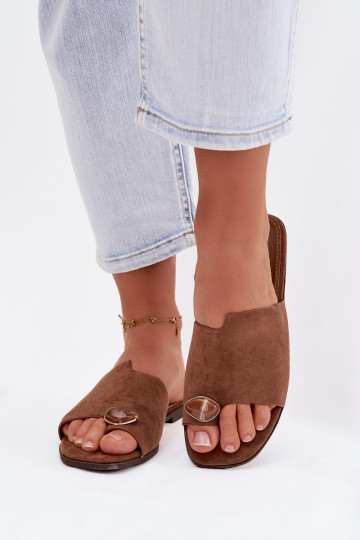 Women's Flat Decorated Eco Suede Brown Slides Selavine 2
