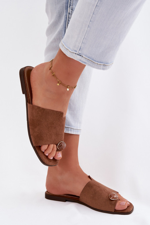 Women's Flat Decorated Eco Suede Brown Slides Selavine