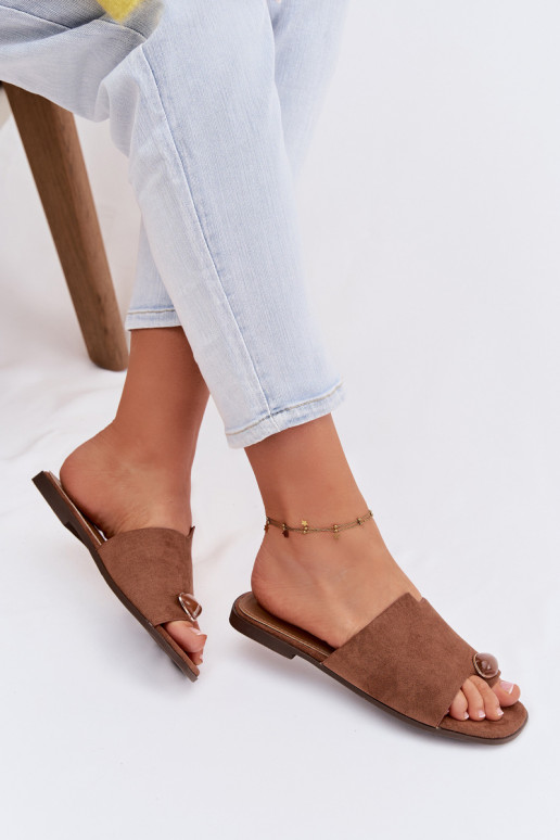 Women's Flat Decorated Eco Suede Brown Slides Selavine