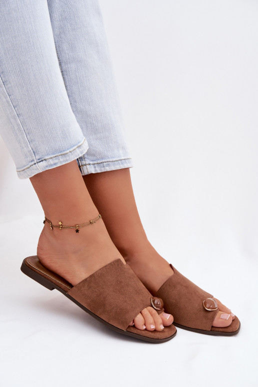 Women's Flat Decorated Eco Suede Brown Slides Selavine