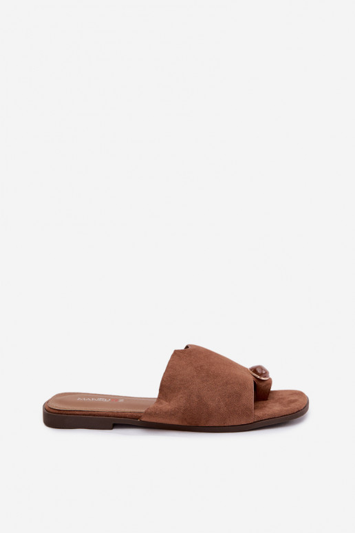 Women's Flat Decorated Eco Suede Brown Slides Selavine