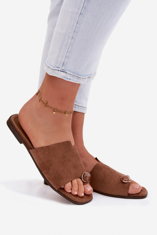 Women's Flat Decorated Eco Suede Brown Slides Selavine