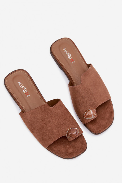Women's Flat Decorated Eco Suede Brown Slides Selavine
