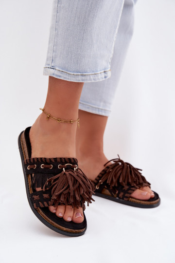 Women's Fringed Black Slides Glorinna