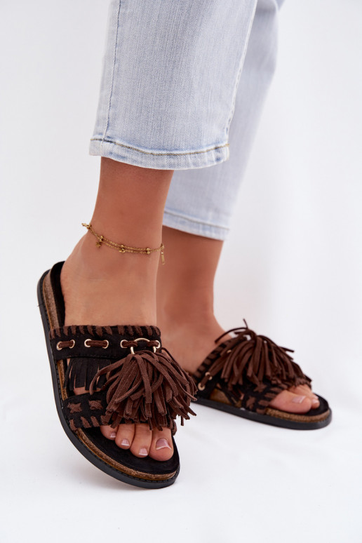 Women's Fringed Black Slides Glorinna