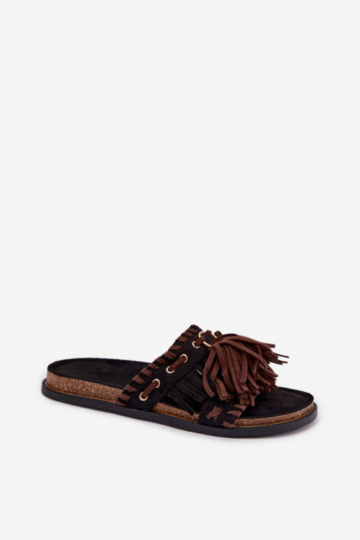 Women's Fringed Black Slides Glorinna