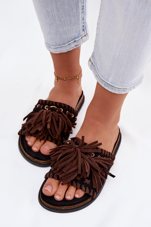 Women's Fringed Black Slides Glorinna