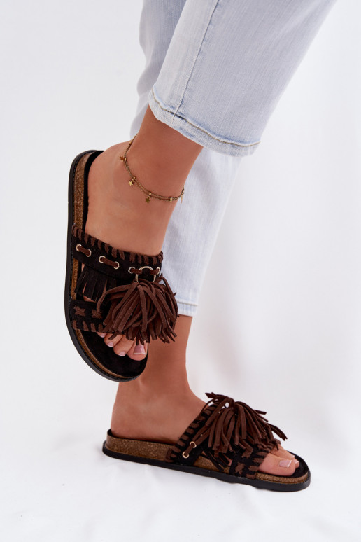 Women's Fringed Black Slides Glorinna