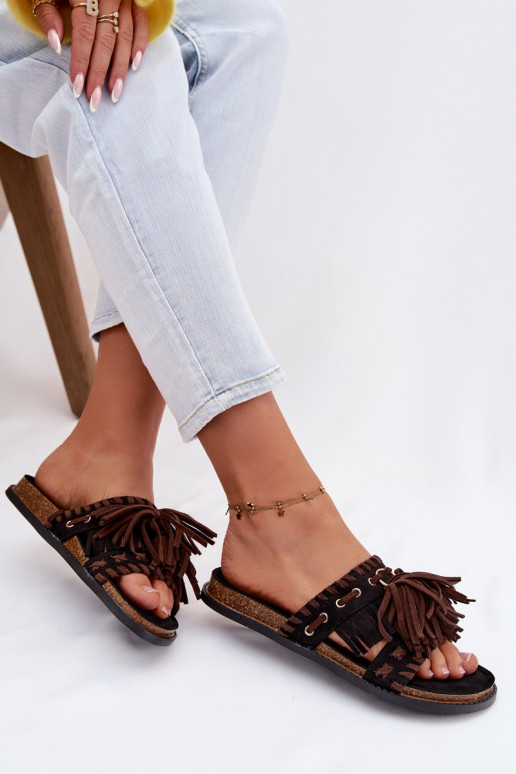 Women's Fringed Black Slides Glorinna