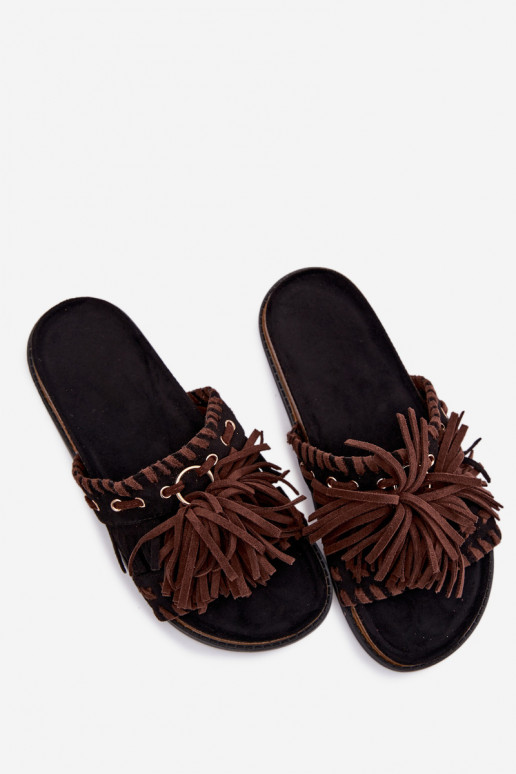 Women's Fringed Black Slides Glorinna