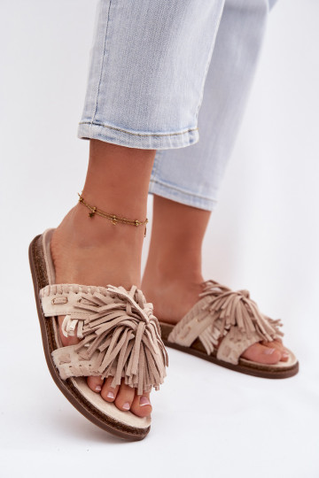 Women's Beige Fringed Slides Glorinna