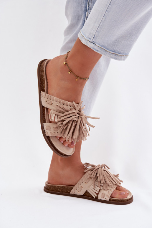 Women's Beige Fringed Slides Glorinna