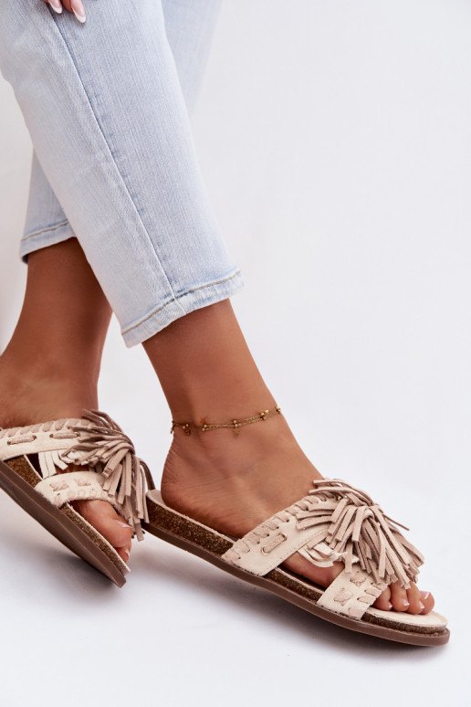 Women's Beige Fringed Slides Glorinna