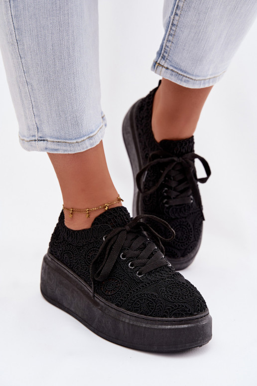 Women's Crochet Sneakers Platform Black Evalora