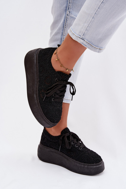 Women's Crochet Sneakers Platform Black Evalora