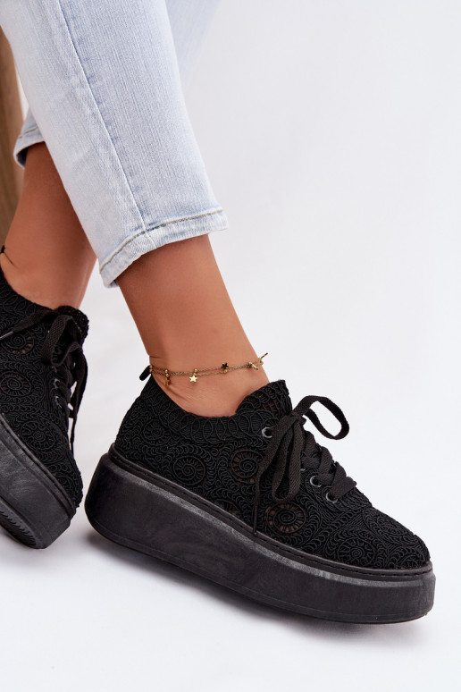 Women's Crochet Sneakers Platform Black Evalora