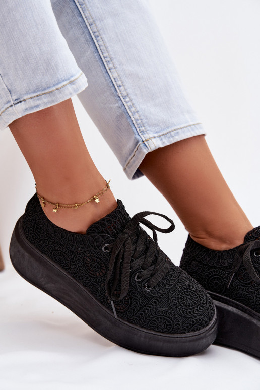 Women's Crochet Sneakers Platform Black Evalora