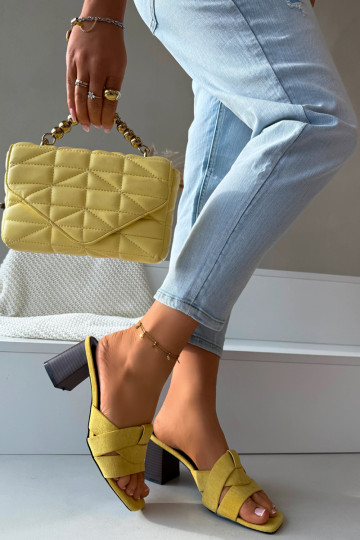 Women's Block Heel Sandals With Straps Eco Suede Yellow Corivelle 2